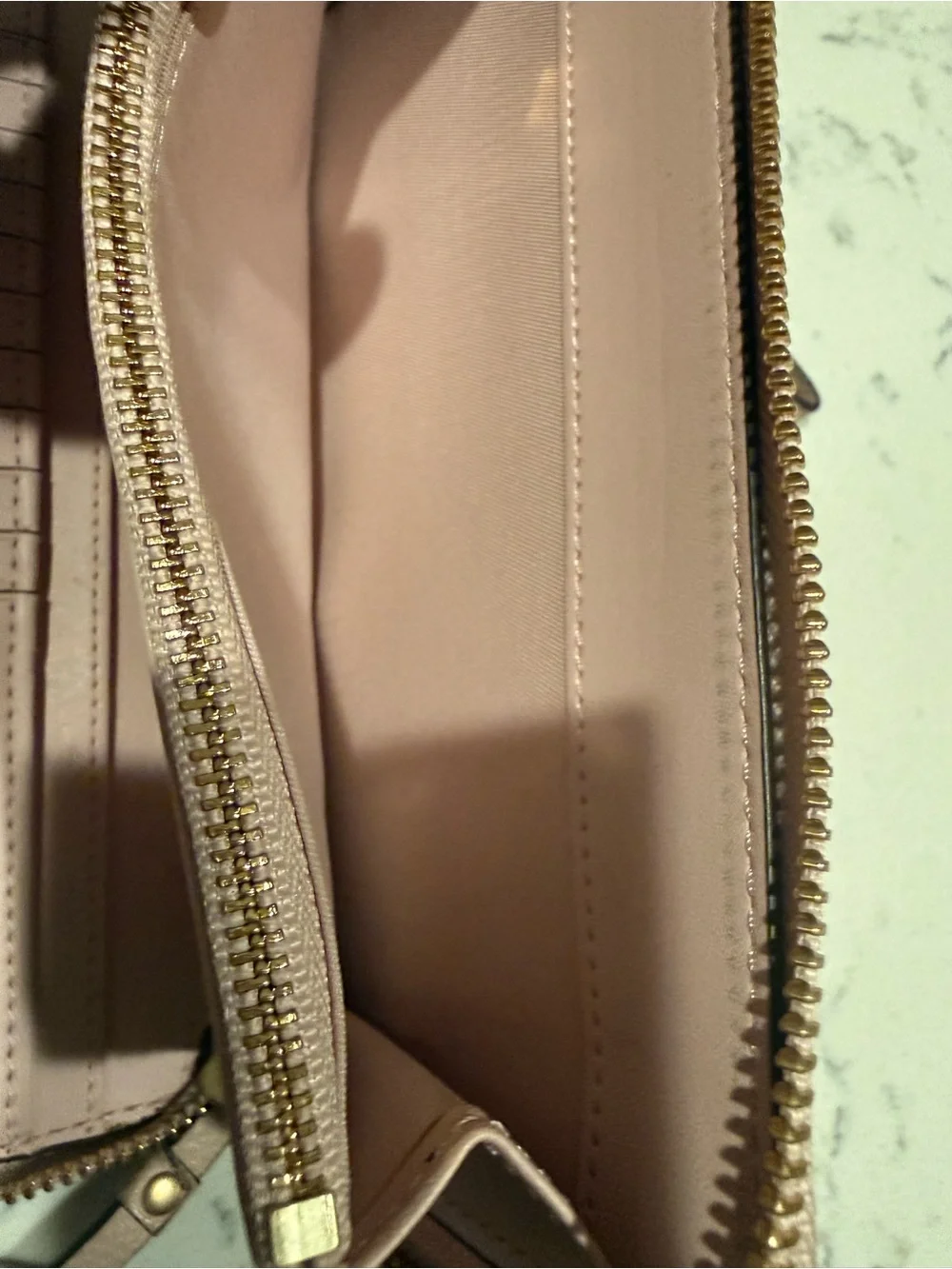 Tory Burch Blush Pink Pebbled Leather Zip Wallet with Gold Logo